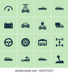 Auto Icons Set. Collection Of Chronometer, Plug, Hatchback And Other Elements. Also Includes Symbols Such As Gear, Wagon, Water.