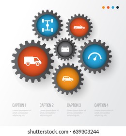 Auto Icons Set. Collection Of Chronometer, Car, Wheelbase And Other Elements. Also Includes Symbols Such As Lorry, Speedometer, Crossover.