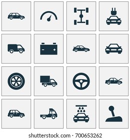 Auto Icons Set. Collection Of Chronometer, Drive Control, Accumulator And Other Elements. Also Includes Symbols Such As Speed, Speedometer, Wash.