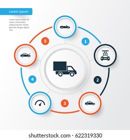 Auto Icons Set. Collection Of Convertible Model, Automobile, Lorry And Other Elements. Also Includes Symbols Such As Chronometer, Auto, Sedan.