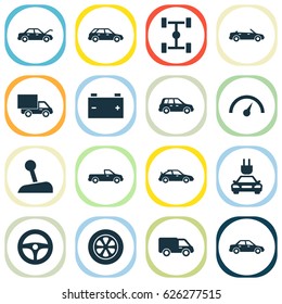 Auto Icons Set. Collection Of Convertible Model, Crossover, Accumulator And Other Elements. Also Includes Symbols Such As Battery, Fixing, Auto.