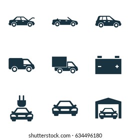 Auto Icons Set. Collection Of Convertible Model, Plug, Lorry And Other Elements. Also Includes Symbols Such As Crossover, Fixing, Truck.