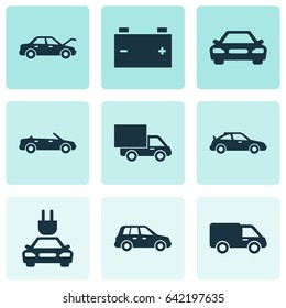 Auto Icons Set. Collection Of Convertible Model, Lorry, Crossover And Other Elements. Also Includes Symbols Such As Sports, Accumulator, Electric.