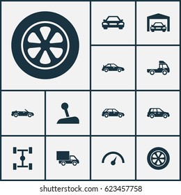 Auto Icons Set. Collection Of Crossover, Wheel, Stick And Other Elements. Also Includes Symbols Such As Station, Wagon, Van.