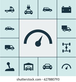 Auto Icons Set. Collection Of Crossover, Auto, Wheelbase And Other Elements. Also Includes Symbols Such As Wheelbase, Lever, Speedometer.