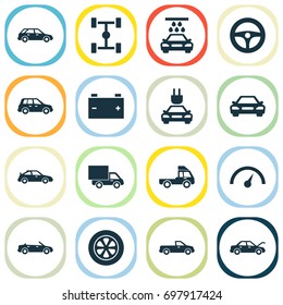 Auto Icons Set. Collection Of Crossover, Convertible Model, Plug And Other Elements. Also Includes Symbols Such As Lorry, Electric, Battery.