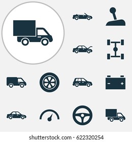 Auto Icons Set. Collection Of Drive Control, Automobile, Stick And Other Elements. Also Includes Symbols Such As Chassis, Accumulator, Wheelbase.