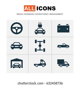 Auto Icons Set. Collection Of Drive Control, Carriage, Plug And Other Elements. Also Includes Symbols Such As Pickup, Car, Accumulator.