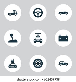 Auto Icons Set. Collection Of Drive Control, Car, Plug And Other Elements. Also Includes Symbols Such As Battery, Lorry, Truck.