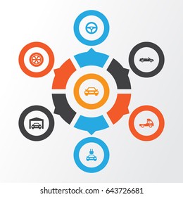 Auto Icons Set. Collection Of Auto, Drive Control, Wheel And Other Elements. Also Includes Symbols Such As Wheel, Control, Automobile.