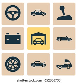 Auto Icons Set. Collection Of Drive Control, Automobile, Fixing And Other Elements. Also Includes Symbols Such As Convertible, Garage, Lorry.