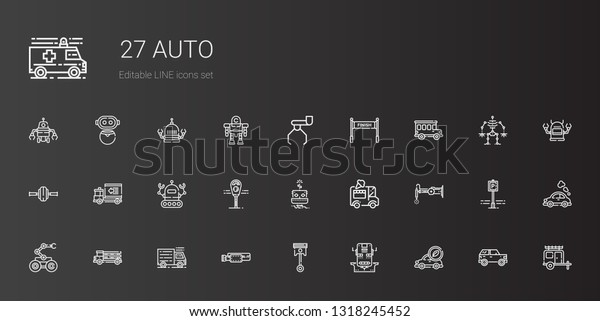 auto icons set.\
Collection of auto with electric car, robot, automotive, belt,\
truck, ice cream car, parking meter, delivery truck, wheel, bus.\
Editable and scalable auto\
icons.