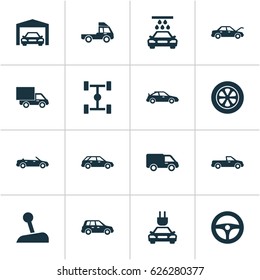Auto Icons Set. Collection Of Fixing, Repairing, Wheelbase And Other Elements. Also Includes Symbols Such As Plug, Chassis, Hood.
