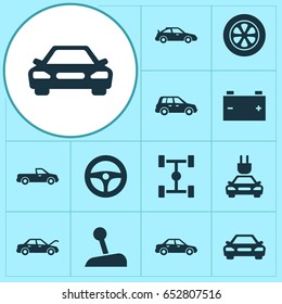 Auto Icons Set. Collection Of Fixing, Car, Wheelbase And Other Elements. Also Includes Symbols Such As Sedan, Stick, Plug.