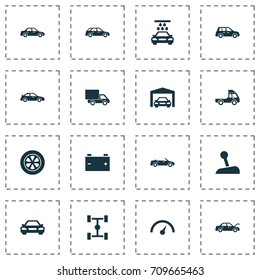 Auto Icons Set. Collection Of Fixing, Convertible Model, Wheelbase And Other Elements. Also Includes Symbols Such As Sports, Wash, Sedan.