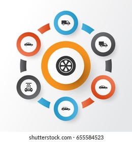 Auto Icons Set. Collection Of Hatchback, Wheel, Automobile And Other Elements. Also Includes Symbols Such As Station, Crossover, Tire.