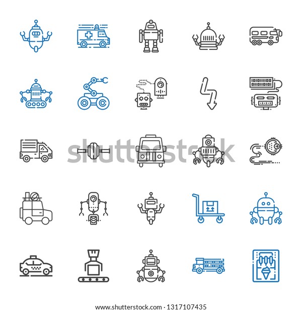 auto icons\
set. Collection of auto with ice cream machine, truck, robot, taxi,\
transportation, car, van, wheel, delivery truck, flash, bus,\
ambulance. Editable and scalable auto\
icons.