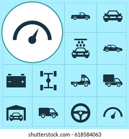 Auto Icons Set. Collection Of Auto, Lorry, Transport Cleaning And Other Elements. Also Includes Symbols Such As Chassis, Accumulator, Speed.