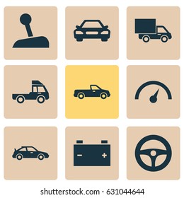 Auto Icons Set. Collection Of Lorry, Drive Control, Auto And Other Elements. Also Includes Symbols Such As Car, Speedometer, Auto.