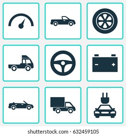 Auto Icons Set. Collection Of Lorry, Plug, Drive Control And Other Elements. Also Includes Symbols Such As Truck, Battery, Van.