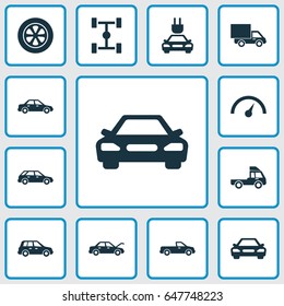 Auto Icons Set. Collection Of Lorry, Hatchback, Carriage And Other Elements. Also Includes Symbols Such As Hood, Chassis, Automobile.