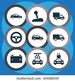 Auto Icons Set. Collection Of Lorry, Crossover, Plug And Other Elements. Also Includes Symbols Such As Crossover, Stick, Wheel.