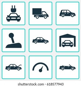 Auto Icons Set. Collection Of Plug, Repairing, Stick And Other Elements. Also Includes Symbols Such As Hood, Crossover, Cabriolet.