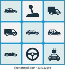 Auto Icons Set. Collection Of Plug, Crossover, Drive Control And Other Elements. Also Includes Symbols Such As Truck, Automobile, Station.