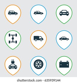 Auto Icons Set. Collection Of Plug, Truck, Car And Other Elements. Also Includes Symbols Such As Wheelbase, Battery, Sports.