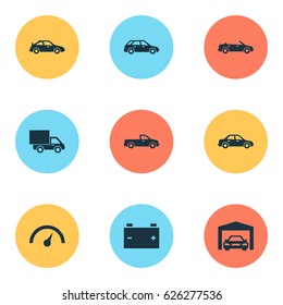 Auto Icons Set. Collection Of Repairing, Hatchback, Chronometer And Other Elements. Also Includes Symbols Such As Automobile, Speedometer, Van.