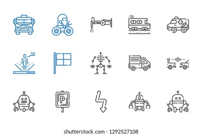 auto icons set. Collection of auto with robot, flash, parking, car, delivery truck, racing, ambulance, school bus. Editable and scalable auto icons.