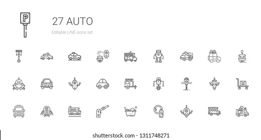 auto icons set. Collection of auto with robot, washing, parking, school bus, van, parking meter, car, ambulance, trailer, ice cream truck, bus. Editable and scalable auto icons.
