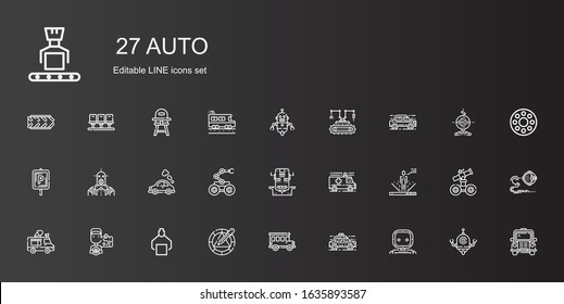 auto icons set. Collection of auto with robot, taxi, bus, wheel, driver, ice cream truck, ambulance, vehicle, parking, car, rolling wheel, school bus. Editable and scalable auto icons.