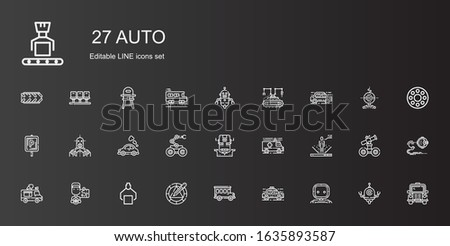 auto icons set. Collection of auto with robot, taxi, bus, wheel, driver, ice cream truck, ambulance, vehicle, parking, car, rolling wheel, school bus. Editable and scalable auto icons.