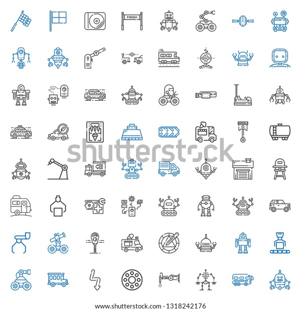 auto\
icons set. Collection of auto with robot, bus, rolling wheel,\
flash, wheel, ice cream truck, parking meter, car, caravan, baby\
chair, garage. Editable and scalable auto\
icons.