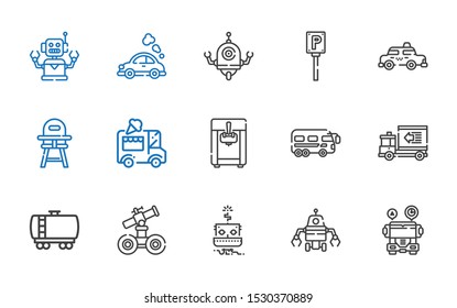 auto icons set. Collection of auto with school bus, robot, fuel truck, delivery truck, bus, ice cream machine, ice cream car, baby chair, taxi. Editable and scalable auto icons.