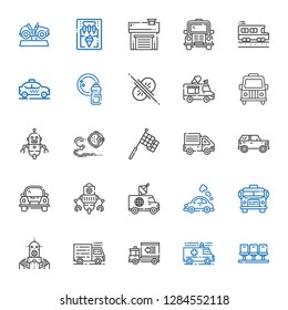 auto icons set. Collection of auto with seats, ambulance, delivery truck, truck, robot, school bus, vehicle, van, car, racing, ice cream truck. Editable and scalable auto icons.