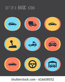 Auto Icons Set. Collection Of Stick, Hatchback, Automobile And Other Elements. Also Includes Symbols Such As Sedan, Automobile, Truck.