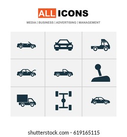 Auto Icons Set. Collection Of Stick, Van, Wheelbase And Other Elements. Also Includes Symbols Such As Lever, Chassis, Convertible.
