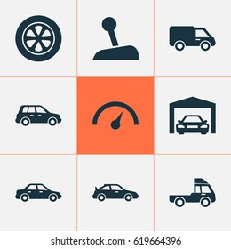 Auto Icons Set. Collection Of Stick, Chronometer, Truck And Other Elements. Also Includes Symbols Such As Repairing, Sedan, Garage.