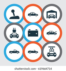 Auto Icons Set. Collection Of Stick, Transport Cleaning, Accumulator And Other Elements. Also Includes Symbols Such As Plug, Pickup, Battery.