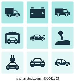 Auto Icons Set. Collection Of Stick, Car, Plug And Other Elements. Also Includes Symbols Such As Hood, Repairing, Van.