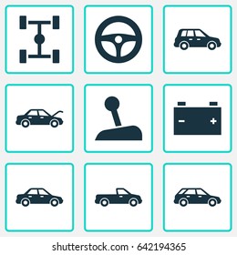 Auto Icons Set. Collection Of Stick, Carriage, Fixing And Other Elements. Also Includes Symbols Such As Lever, Automobile, Station.
