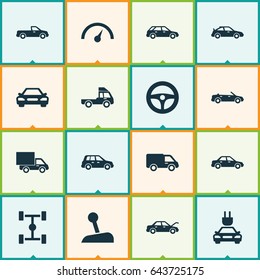 Auto Icons Set. Collection Of Stick, Car, Hatchback And Other Elements. Also Includes Symbols Such As Sports, Wheel, Stick.