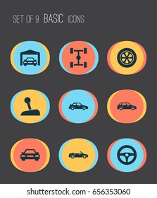 Auto Icons Set. Collection Of Stick, Repairing, Hatchback And Other Elements. Also Includes Symbols Such As Control, Cabriolet, Wagon.