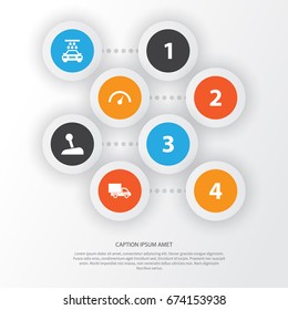 Auto Icons Set. Collection Of Stick, Chronometer, Lorry And Other Elements. Also Includes Symbols Such As Truck, Van, Lorry.