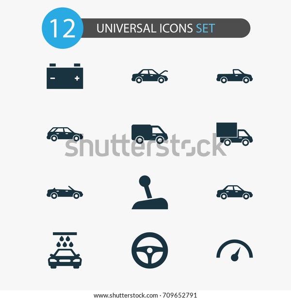 Auto Icons Set. Collection Of Stick, Transport\
Cleaning, Lorry And Other Elements. Also Includes Symbols Such As\
Lever, Auto, Battery.