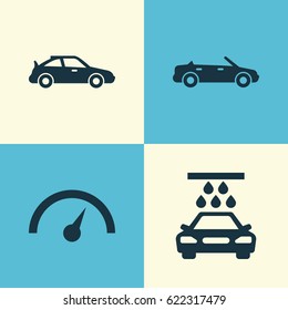 Auto Icons Set. Collection Of Transport Cleaning, Convertible Model, Crossover And Other Elements. Also Includes Symbols Such As Chronometer, Sports, Cabriolet.