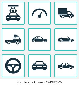 Auto Icons Set. Collection Of Transport Cleaning, Lorry, Drive Control And Other Elements. Also Includes Symbols Such As Control, Water, Crossover.
