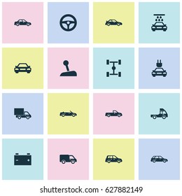 Auto Icons Set. Collection Of Transport Cleaning, Automobile, Wheelbase And Other Elements. Also Includes Symbols Such As Plug, Sports, Lever.